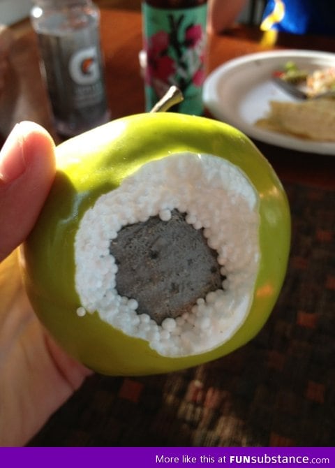 My friend tried to take a bite of an apple, he enjoyed a mouth full of foam