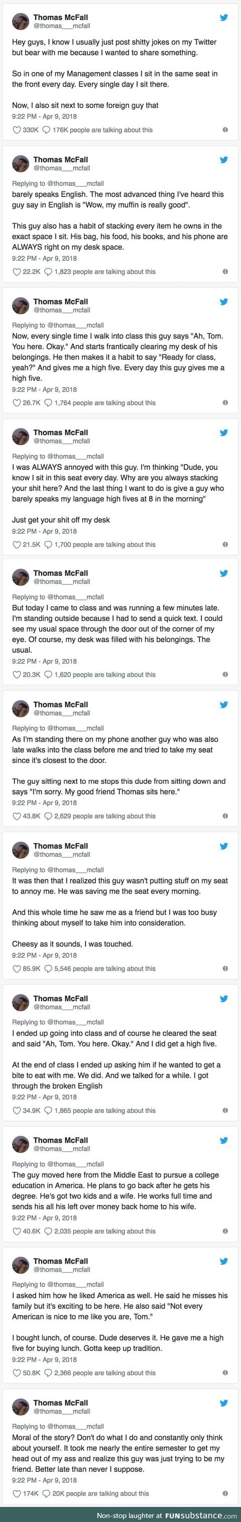 He called out his own ignorance for misjudging a foreign classmate