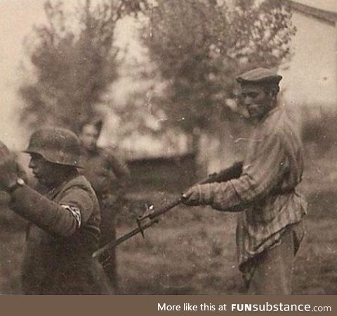 A librated jewish holocaust survivor turning the tables, circa 1945