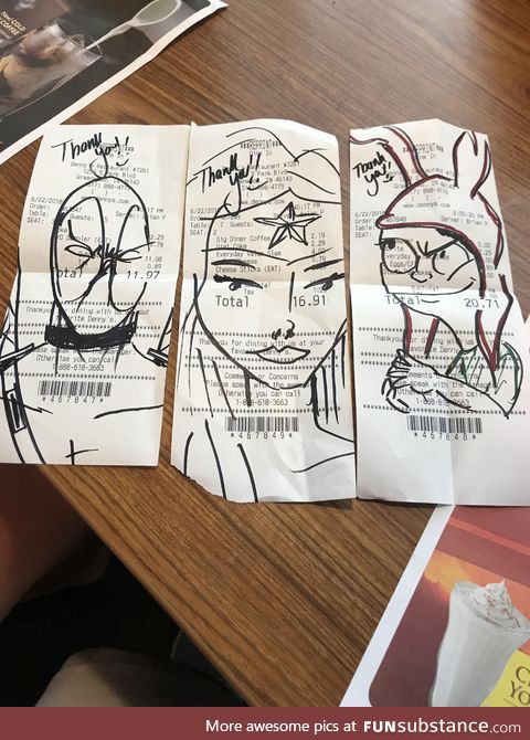 Waiter doodled on receipts at Denny’s