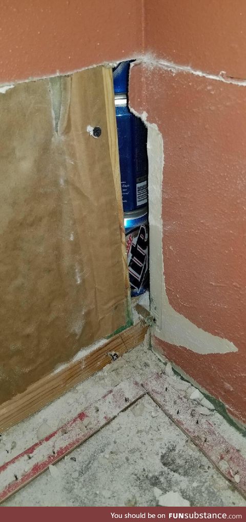 Removing drywall due to flooding, and I find this located in a corner. It goes up a few