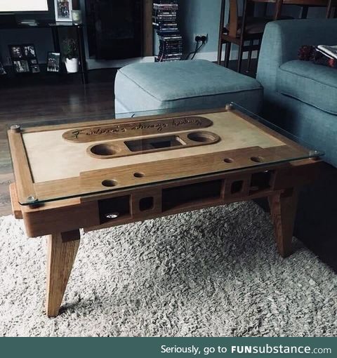 A cassette tape coffee table. Very retro