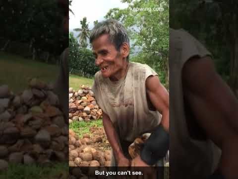 Old blind man dehusks coconuts for a living