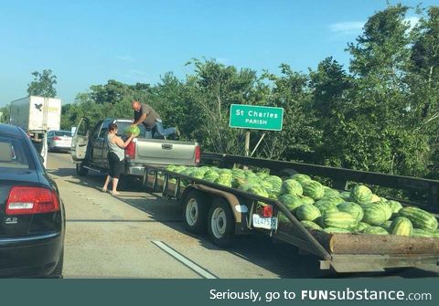 Buying watermelon in Louisiana during a traffic jam