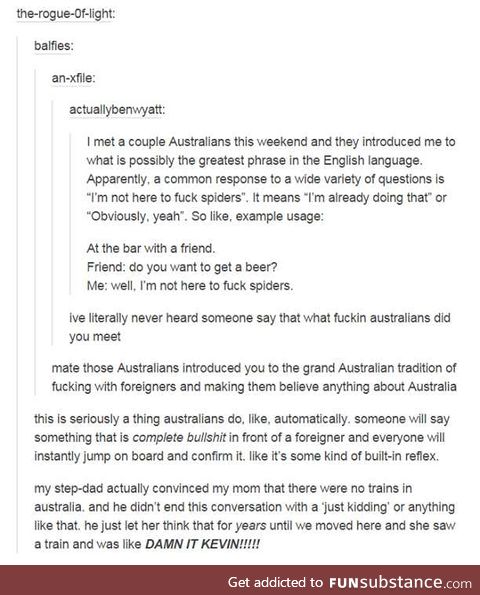 I'm not here to f*ck Spiders (or: How Australians love to mess with foreigners)