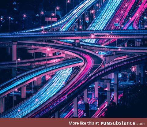 A long exposure of the only six-level stack interchange in the world