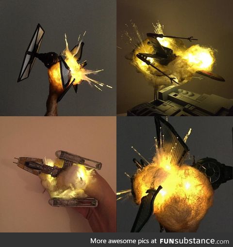 "exploding" model ships (cotton balls + leds)