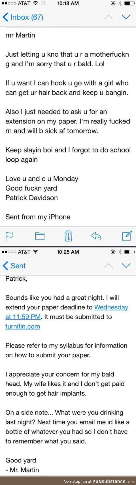 Drunk students convo with a professor