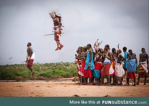 A Samburu warrior clearing some serious air at the dance