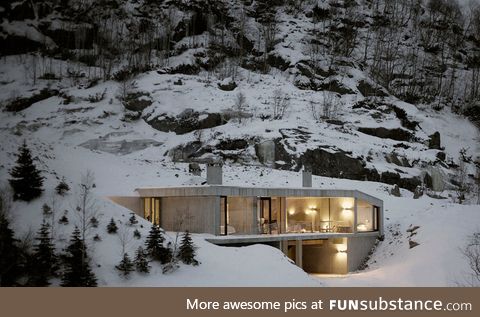 Modern house in norwegian snowy mountains