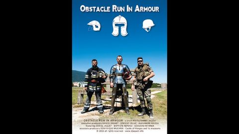 A modern day soldier, a firefighter and a knight run the an obstacle course in full armor