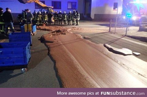 Frozen river of chocolate from a factory leak in West&ouml;Nnen, Germany
