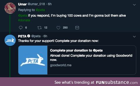 Today I learned that PETA uses auto responses on their Twitter page