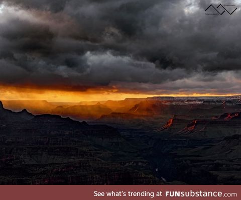 Out of this world photo of the Grand Canyon as the sun sets & a storm begins [OC]