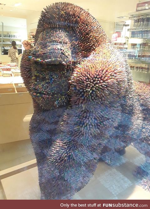 This life size sculpture of a gorilla is made entirely of colored pencils