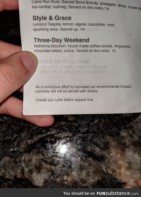 This turtle conscious bar menu