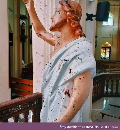 The Statue of Jesus Christ in Blood aftermath of the Easter bombings, Sri Lanka