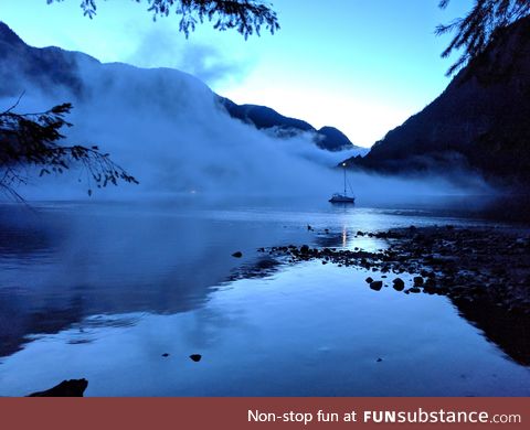 Fog rolling in near our campsite at Granite Falls, BC