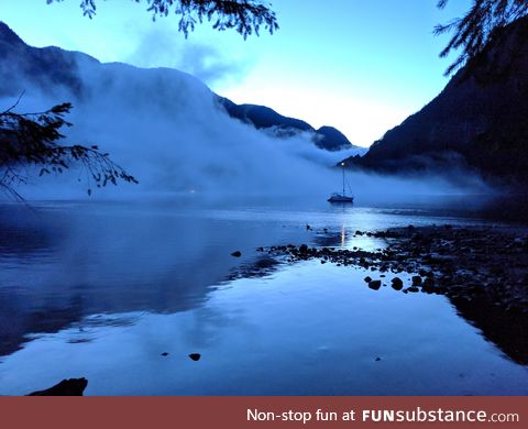 Fog rolling in near our campsite at Granite Falls, BC