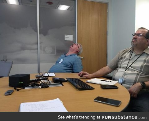 A picture my dad’s coworker took of him during a meeting. Time to retire?