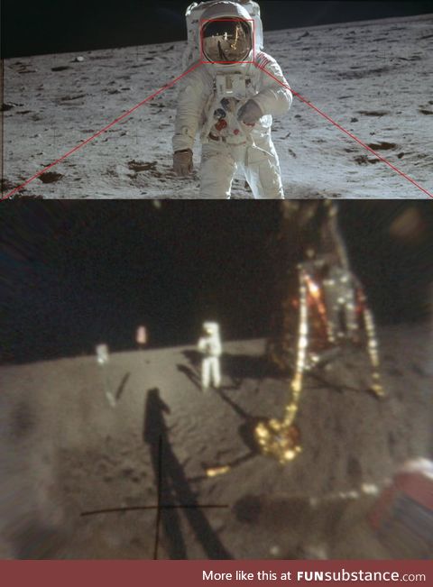 The clearest photo of Neil Armstrong walking on the moon...Enhanced from the reflection