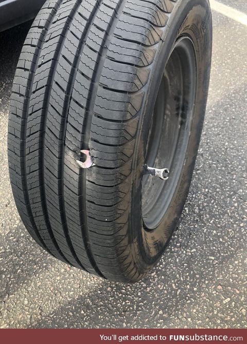 Friend just got new tires, wrench flew off a truck in front of him, and this happens