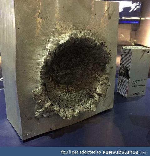 This is what happens to aluminium if 1/2oz (15mL) piece of plastic hits it at 15000mph