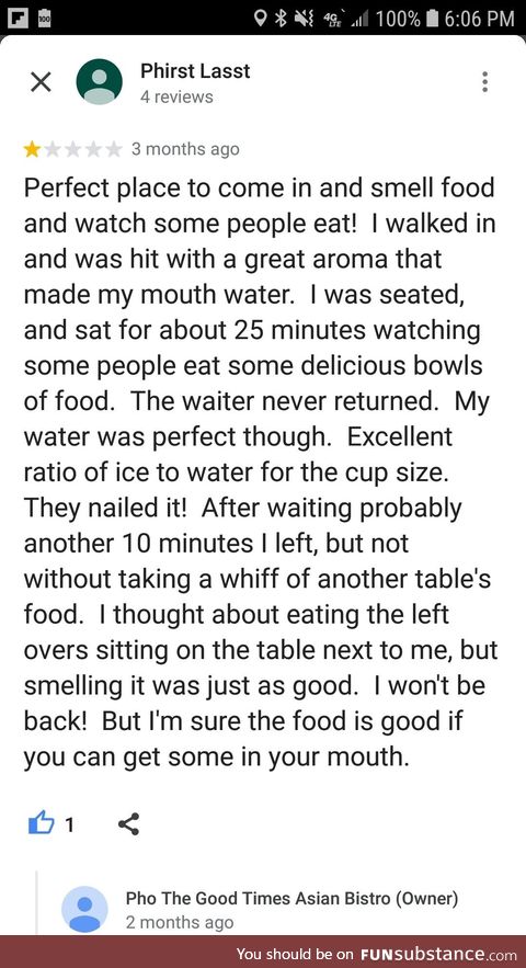 A review for a pho restaurant with perfect water