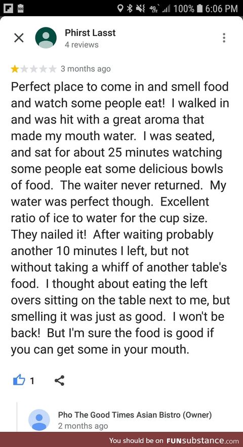 A review for a pho restaurant with perfect water