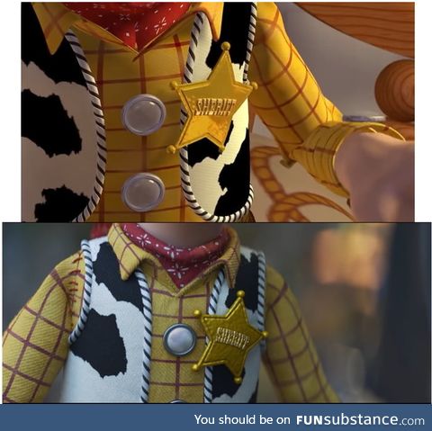 Woody's chest side by side compare (Toy Story 1 and Toy Story 4)