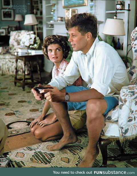 John F. Kennedy playing GTA IV to prepare for the Cold War (1962, Colorized)