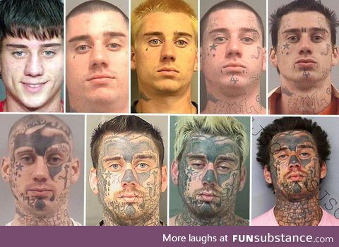 1 guy, 9 mug shots, each one with additional facial tattoos
