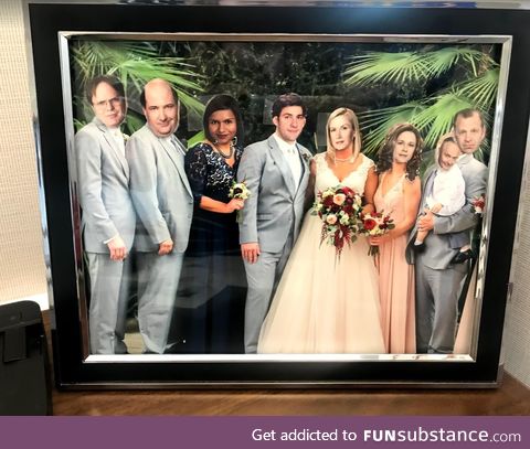 Coworker has a picture of his sister's wedding on his desk. We did this to it