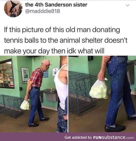 This old man donating tennis balls to an animal shelter