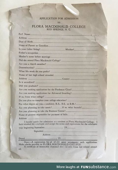 1940 college admission paperwork