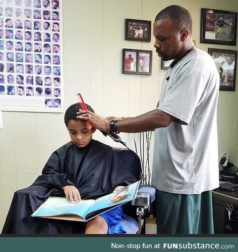 He gives kids a $2 discount if they read a book out loud during their haircut
