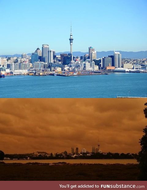 Auckland, New Zealand skyline as is usually above...Today below due to smoke blown over