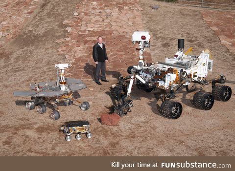 Left is Oppy, middle obviously human, Right is Curiosity.
