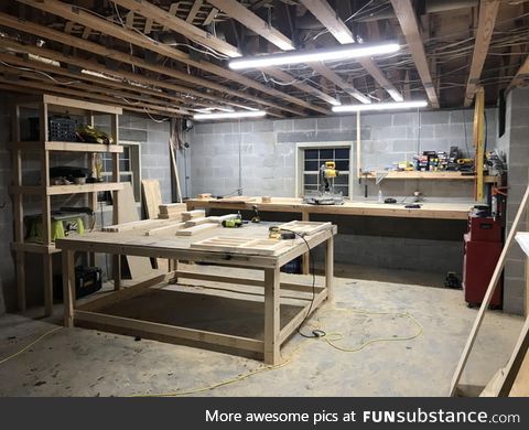 Heated basement workshop on a rainy winter night. It may not be a good book by the fire