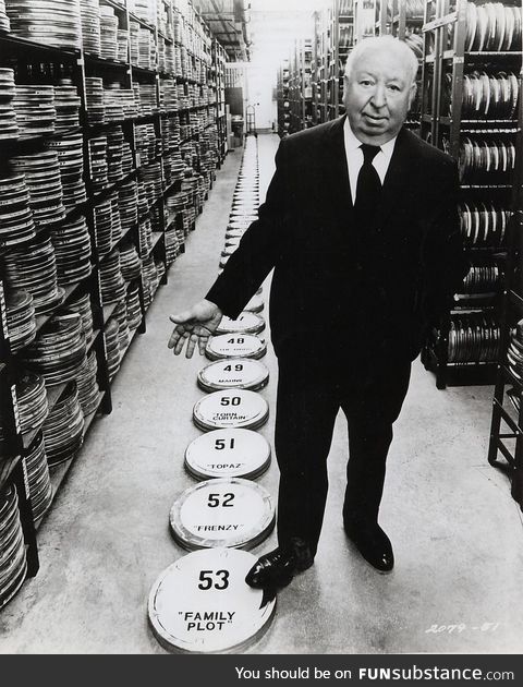Alfred Hitchcock flashing his résumé, circa 1974