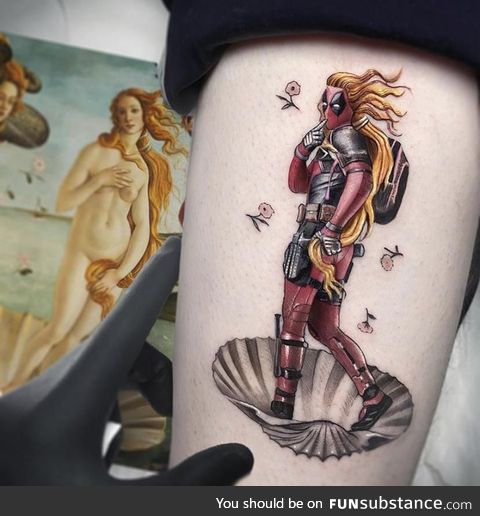This tattoo by Kozo_tattoo depicting The Birth Of Deadpool