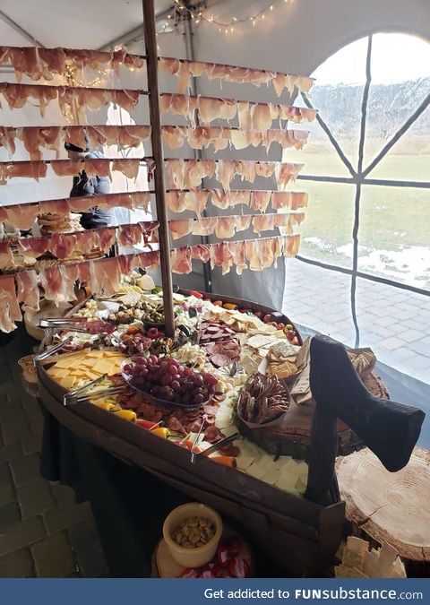 Charcuterie ship at a Viking wedding