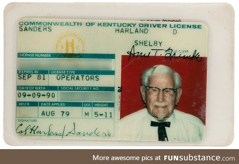 Colonel Sanders' drivers license circa 1979