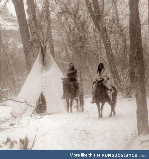An incredible photo showing two Apsaroke Indians during Winter Camp in 1908. Edward