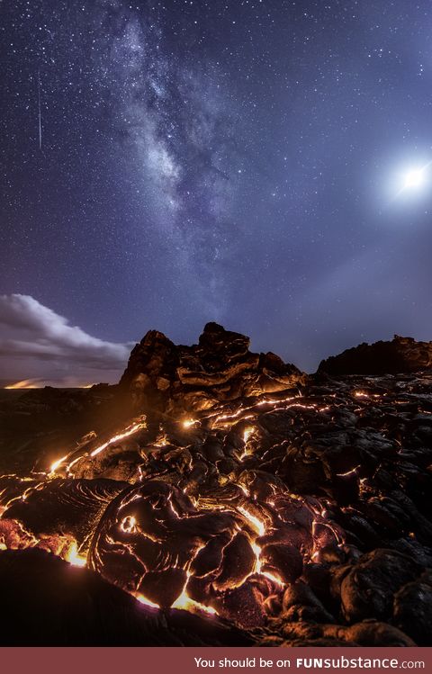 A meteor, the milky way, the moon and the lava flow together!