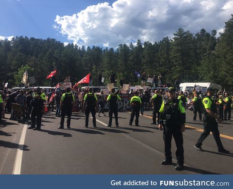Lakota tribe members blocking the road to Mount Rushmore