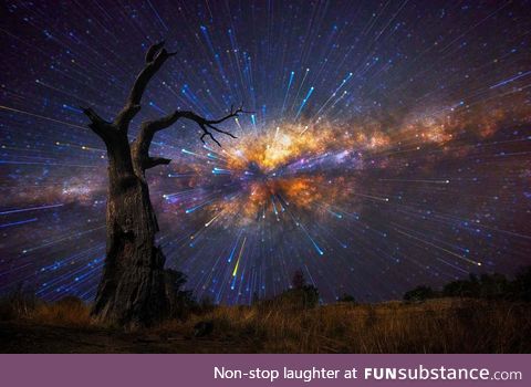 30 second exposure of night sky with zoom burst and focus pull