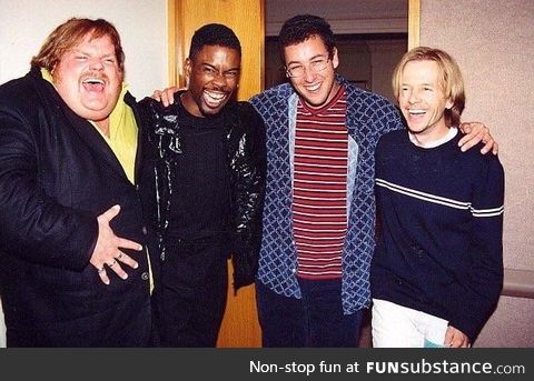 Chris Farley, Chris Rock, Adam Sandler and David Spade hanging out in the 90’s