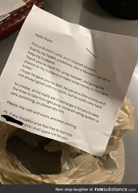 A note from my instacart shopper’s wife