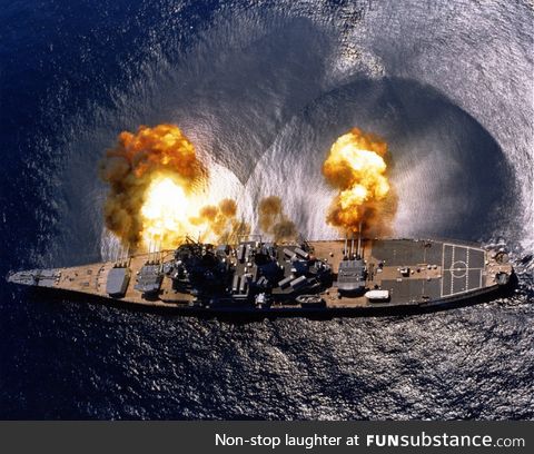 USS Iowa firing a full broadside